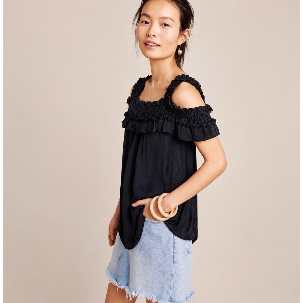 Anthropologie Black Off Shoulder Ruffle Blouse Top Smocked Boho Romantic S